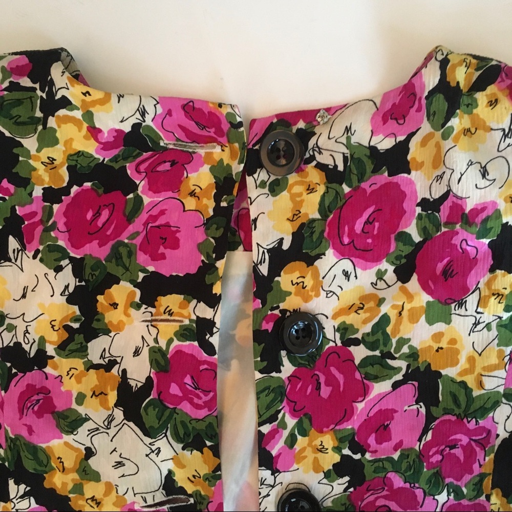 Vintage Albert Nipon Floral Silk Dress short sleeves 4 Pink Black Yellow White - Picture 6 of 6